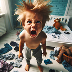 hyperactive, mischievous and defiant brat boy toddler in a messy bedroom, cheeky and naughty, screaming for attention. Naughty kids concept. - obrazy, fototapety, plakaty