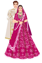Indian Wedding Couple Standing with Traditional Magenta Lehanga and Sherwani