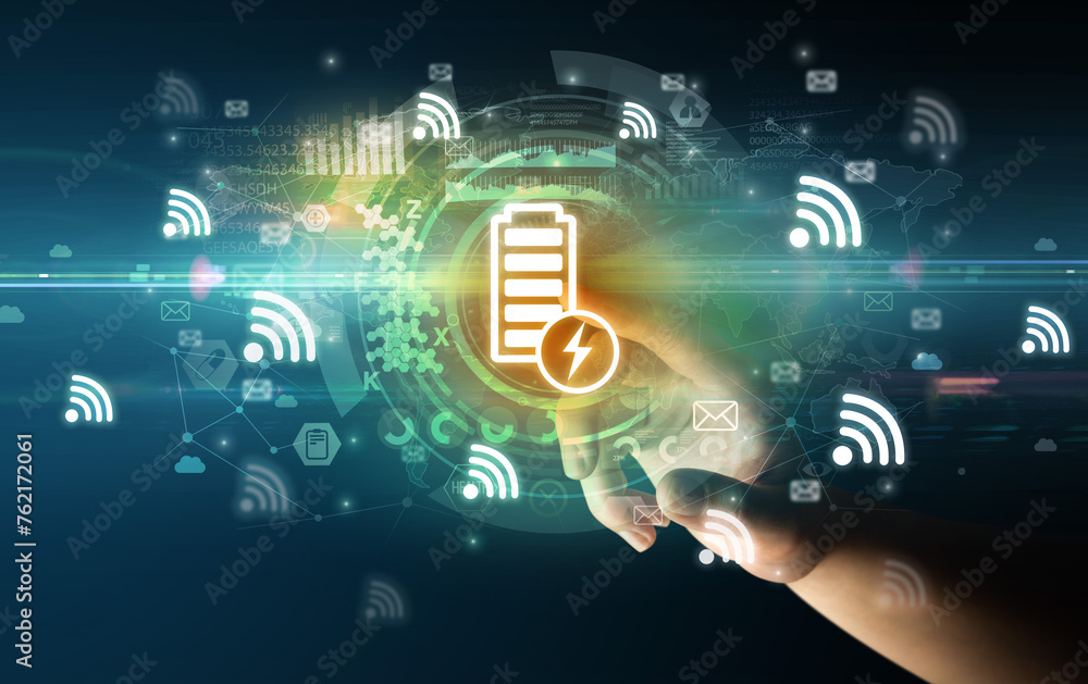 Aufkleber touching with soft gesture multimedia screen with future technology concept