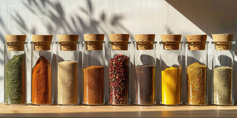 Organized Spice Jars on Kitchen Shelve. Array of assorted different dry spices in glass jars neatly lined up, organization of order, copy space. - obrazy, fototapety, plakaty