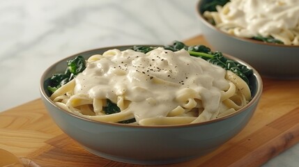 Comforting fettuccine in a creamy Alfredo sauce nestled in a blue bowl, topped with vibrant, steamed spinach leaves.
