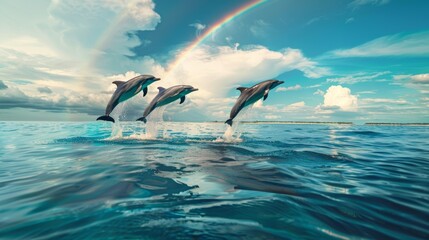 Clear Water Dolphins Leaping Rainbow Boat View
