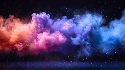 An explosion of color powder with a circle banner showing paint dust particles. Modern realistic clouds of colorful powder with a burst effect and copy space for text on a transparent background. - obrazy, fototapety, plakaty