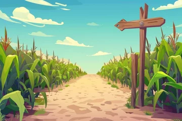 Foto op Plexiglas The image shows green maize crops and sandy roads between corn fields, wooden posts with arrows and traffic signs. The scene is an agricultural landscape with a cartoon illustration of a natural © Mark