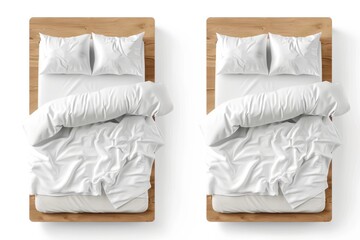 A realistic mockup of a mattress displaying a white sheet, pillows, and duvet. Modern realistic mockup showing a white bed with a blank linen, 3D furniture for sleep separated on a white background. - obrazy, fototapety, plakaty