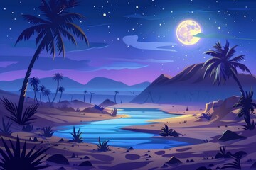 An oasis in the desert under full moon. Cartoon landscape with rivers, sand dunes, palm trees and plants. A deserted sahara nature panoramic 2d scene.