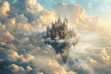 A surreal fantasy scene featuring a castle floating amidst clouds, surrounded by mythical beasts - obrazy, fototapety, plakaty
