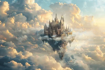 Foto op Plexiglas A surreal fantasy scene featuring a castle floating amidst clouds, surrounded by mythical beasts © Fokasu Art