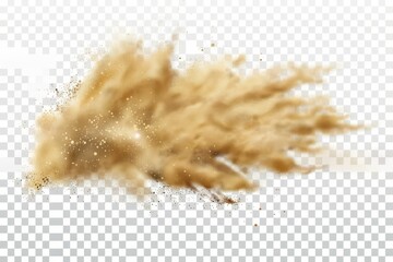 Various textured smears of yellow or beige colors, realistic 3d modern illustration of sand explosion, splash, scatter grains, stain and wave. - obrazy, fototapety, plakaty