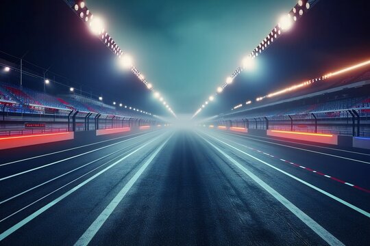 Racetrack Stadium at Night with Bright Lights