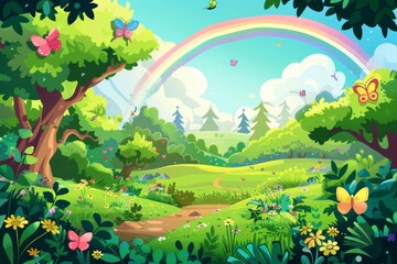Taking inspiration from the spring landscape with trees, grass and flowers, modern cartoon illustration shows a summer park with green plants, butterflies, paths, fields and a rainbow in the sky.