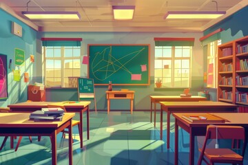 This is a cartoon modern illustration of a geometry classroom with a teacher table, student desks, blackboard with geometrical tasks and rulers, cupboard with textbooks, and posters for studying. - obrazy, fototapety, plakaty