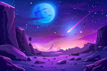Fototapeten Modern cartoon illustration of galaxy background with planet, stars, and meteor flying through outer space. Alien planet landscape with craters and comet in night sky. © Mark