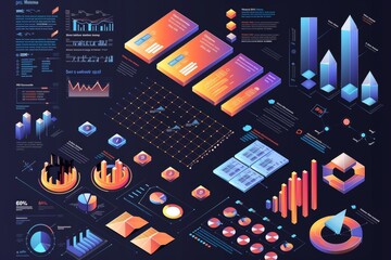 A business presentation, report, or online site design template that uses isometric charts and diagrams, data analysis columns in three dimensions, infographic modern elements, and financial