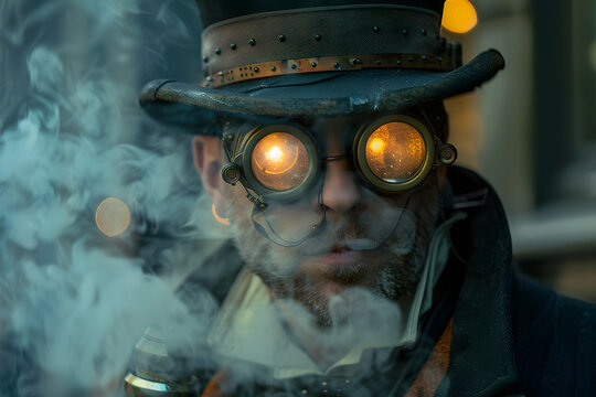 A close-up portrait of a steampunk aficionado wearing glowing goggles.