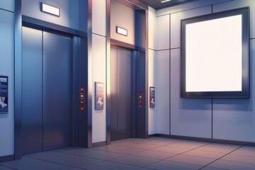 A 3d modern illustration showing a realistic elevator with close doors and a poster screen on the wall. This would be a great mockup for an office lobby or a modern hotel hallway.