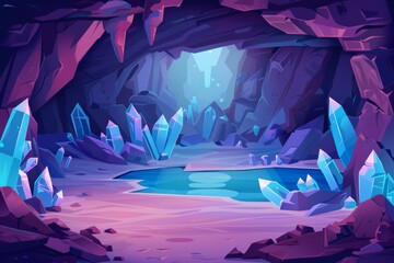 The cave is underground and is filled with water and blue crystals. This modern illustration shows an old mountain grotto inside an empty stone cavern with stalactites and a lake.