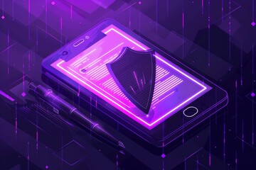Online signing of a contract on a smartphone or tablet screen, shield and stylus pen, purple ultraviolet digital background. - obrazy, fototapety, plakaty