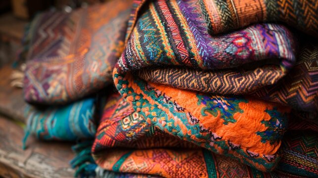 A pile of colorful Incainspired alpaca wool scarves with intricate patterns