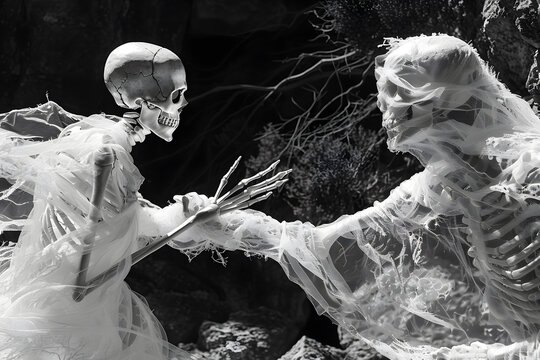 Black and white photo of two skeletons in bridal gowns reaching towards each other, depicting a hauntingly romantic scene.