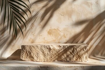 Beige stone podium with palm leaves shadows. Mock up for product, cosmetic presentation. Pedestal, platform for beauty products. Empty scene. Stage, display, showcase. Copy space.