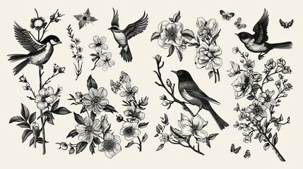 Flowers and birds hand drawn on floral ornaments | Engraving for spring and summer designs | Vintage labels