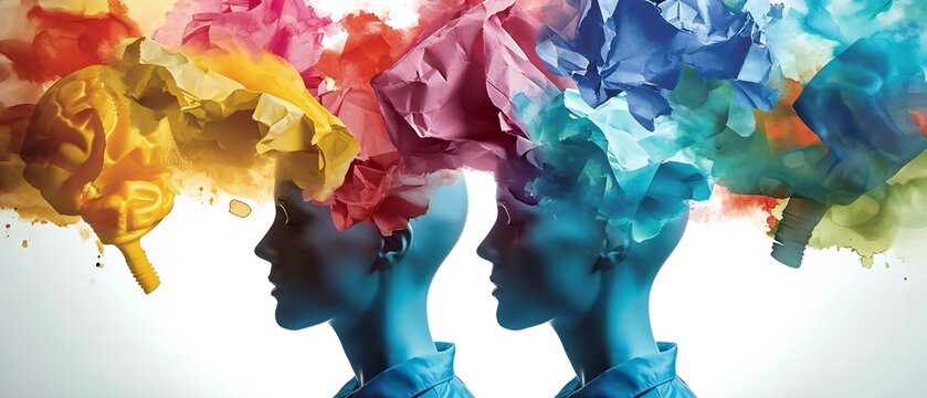 Concept with Colorful Paper Heads and Painted Faces