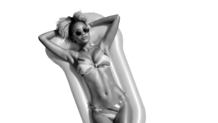 Afro woman in pool on inflatable float on summer vacation halftone on sign, halftone illustration summer vacation concept