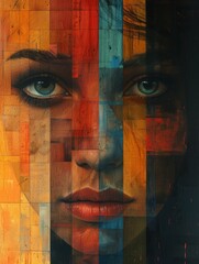 Surreal portrait: faces blend into vivid geometric abstractions, thought-provoking