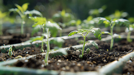 Young seedlings of tomato in a greenhouse. Selective focus.