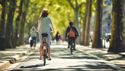 Woman Cycling on Tree-Lined Path