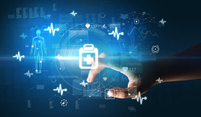 Doctor hand pressing futuristic health device with medical symbol on screen