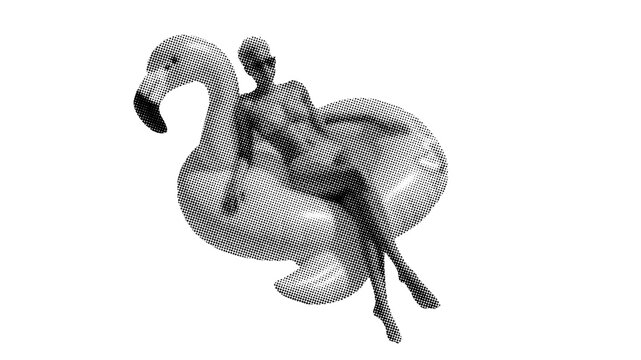 woman in pool on inflatable float on summer vacation halftone on sign, halftone illustration summer vacation concept