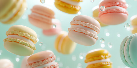 Fliegende bunte Macronen in einzigartigen Design und Stil als Nahaufnahme f&uuml;r Poster