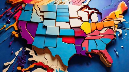 Artistic textured USA map with splashes of vibrant paint on blue background