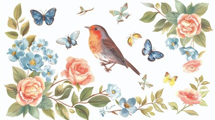 Decorative collection of flowers, leaves and robin birds with butterflies in vintage style.
