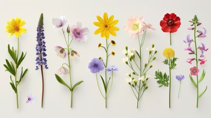 Wildflowers in spring and summer. Three-dimensional realistic modern set of flowers