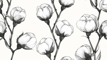 An endless texture of cotton blossom flowers, a modern illustration for wedding invitations, wallpaper, textiles, or wrapping paper. - obrazy, fototapety, plakaty