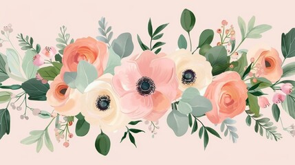 This is a modern design for a floral card, with garden flower. The colors of the flowers are lavender, pink, peach, white, anemone wax, eucalyptus, thyme leaves elegant greenery, berries, forest