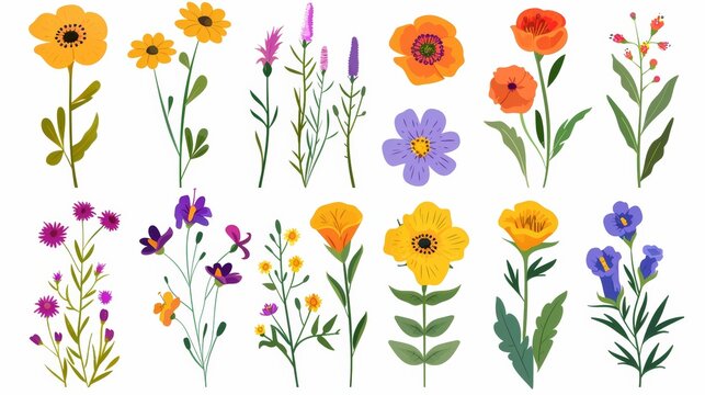 Isolated set of colorful floral icons. Modern illustration of flowers in flat dash style.