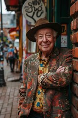 Fototapeta premium Elderly man smiling at camera. A close-up portrait of an elderly, man with a warm smile, wearing fashionable clothes.