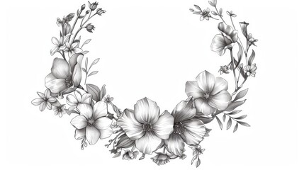 Spring floral wreath. Modern vintage botanical illustration. Black and white.