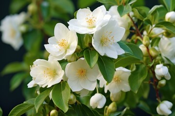 Enchanting Philadelphia jasmine flowers. White blooming botanical floral fragrant plant. Generate ai