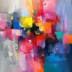 Vibrant abstracts on canvas, capturing the chaotic beauty of urban life in a burst of colors and shapes