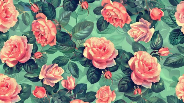 The background of this pattern is green with pink vintage roses