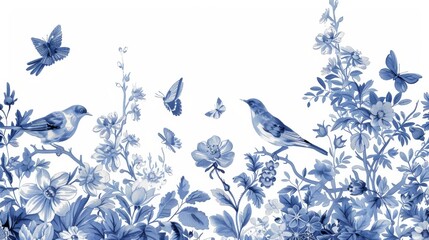 A modern horizontal card featuring flowers, birds, and butterflies. In blue and white. - obrazy, fototapety, plakaty