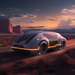 Future car on the road with desert background. - obrazy, fototapety, plakaty