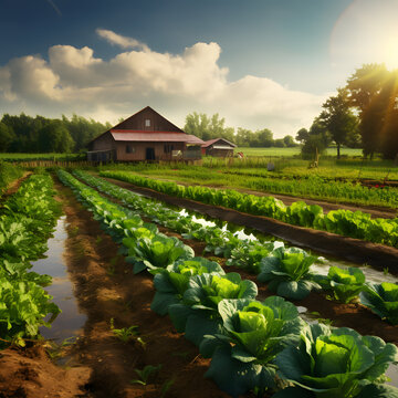 Rural house countryside with green nature in the morning.