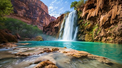 Fototapeta na wymiar A majestic waterfall cascading down rugged cliffs into a crystal-clear pool below