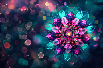 turquoise pink love mandala on dark background with bokeh with copy space